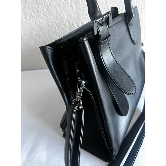 Women Black Faux Leather Satchel Bag With Double Top Handle Zipper Handbag - Picture 7 of 9